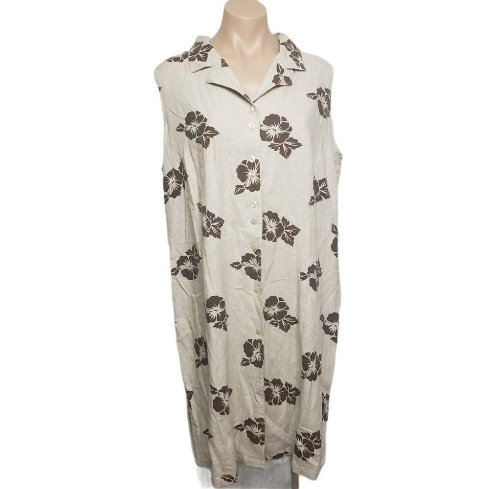 VTG 90s White Stag Shift Dress Brown Hawaiian Floral Sleeveless Linen Blend 18W